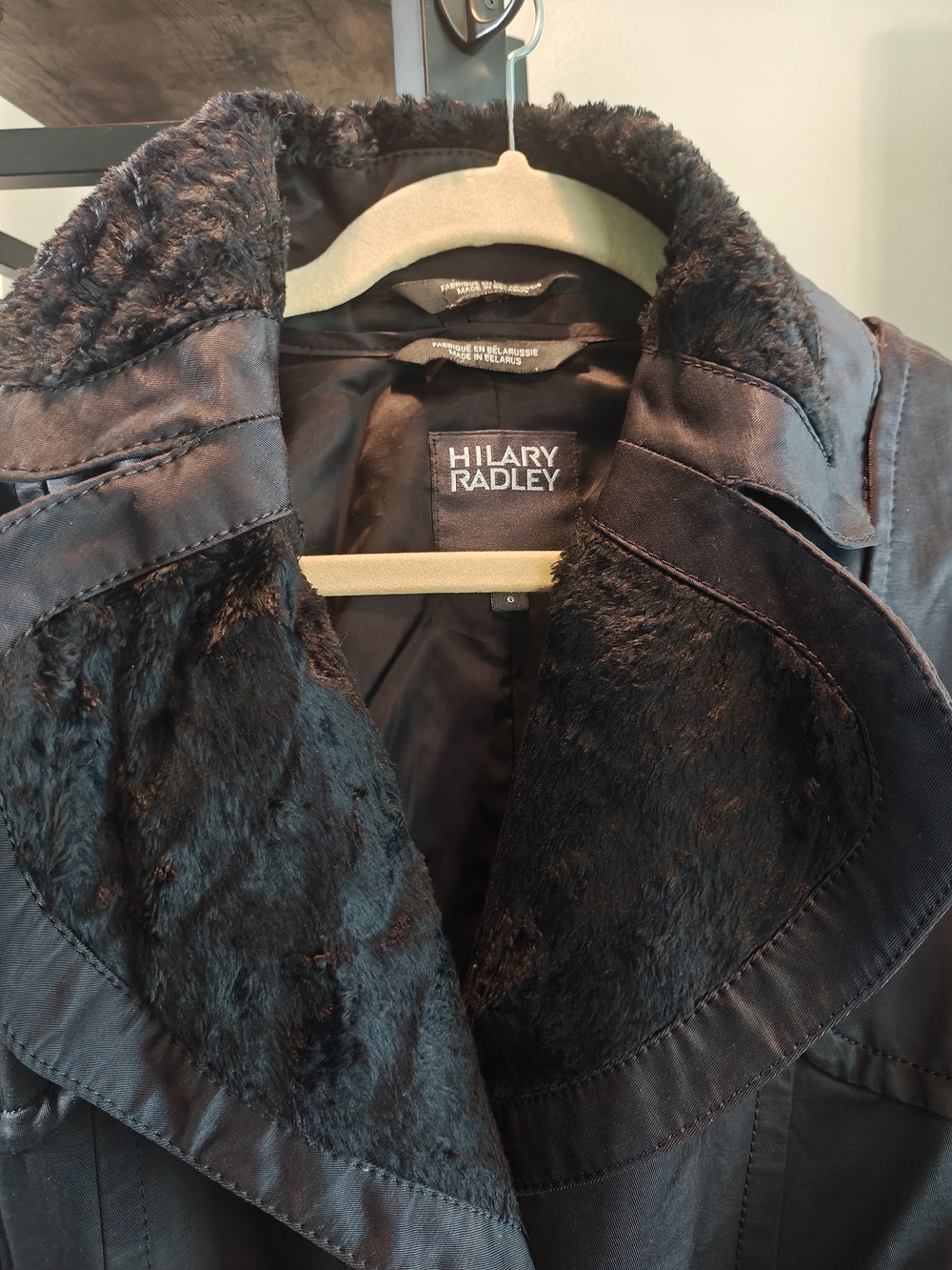 Hilary Radley Black Trench Coat with Faux-Fur Collar